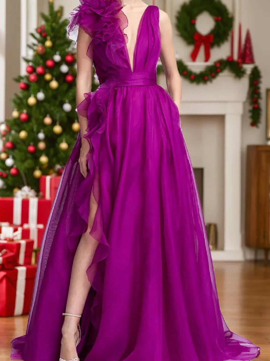A-Line/Princess V Neck Sleeveless Floor-length Long Formal Evening Floar Dresses with Split Side BabaMila