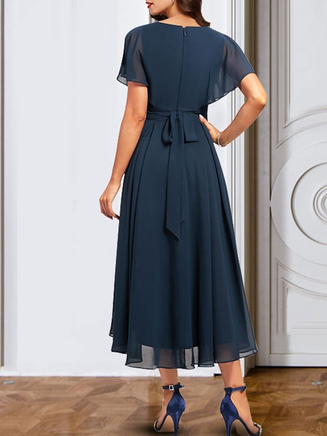 A-Line/Princess Chiffon V-Neck Short Sleeves Mother Of The Bride Dresses With Belt BabaMila