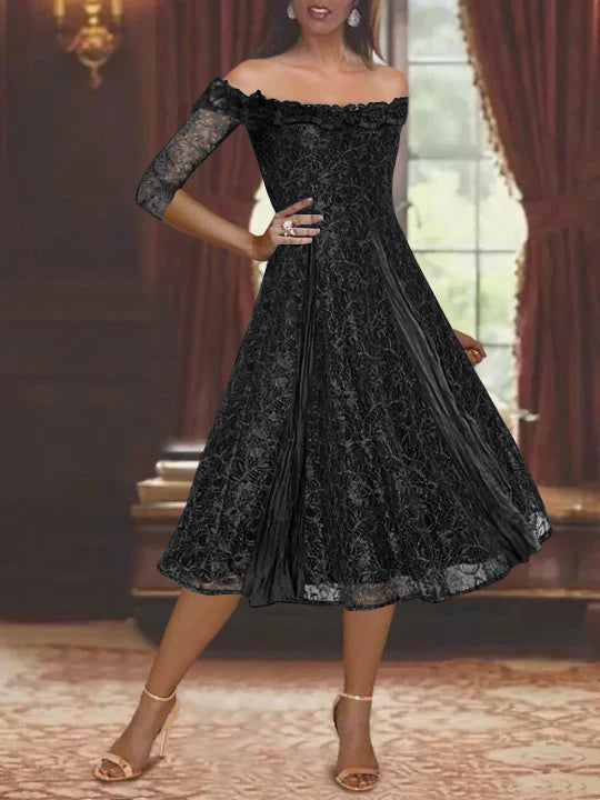 A-Line/Princess Off-The-Shoulder Half Sleeves Mother Of The Bride & Groom Dresses With Lace BabaMila