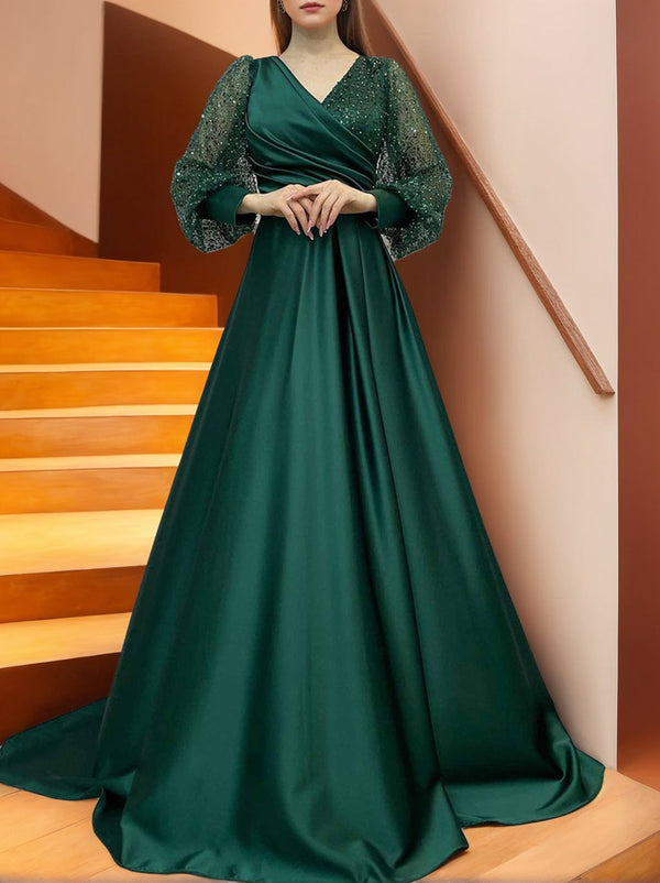 A Line/Princess V-Neck Long Sleeves Floor Length Long Mother Of The Bride Dresses With Sequins & Ruffles BabaMila
