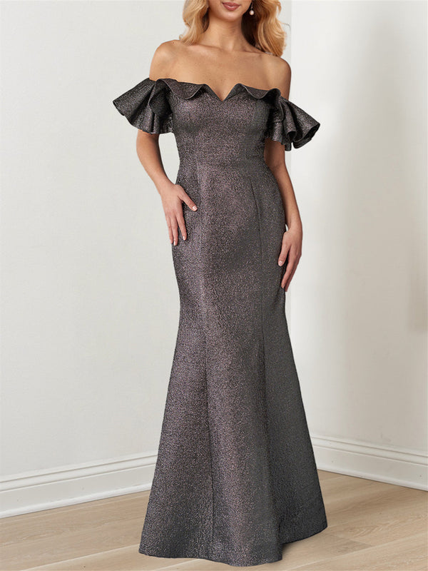 Mermaid/Trumpet Off-The-Shoulder Ruffle Sleeves Floor-Length Mother Of The Bride Dresses BabaMila