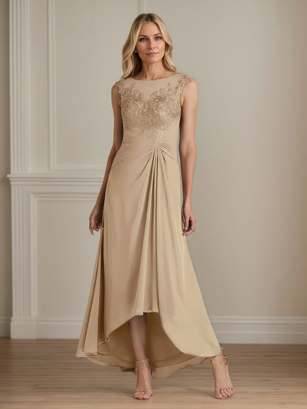 Boat Neck Sleeveless Asymmetrical Ankel-Length Lace/Chiffon Mother of the Bride Dress With Pleated/Appliques/Beads BabaMila