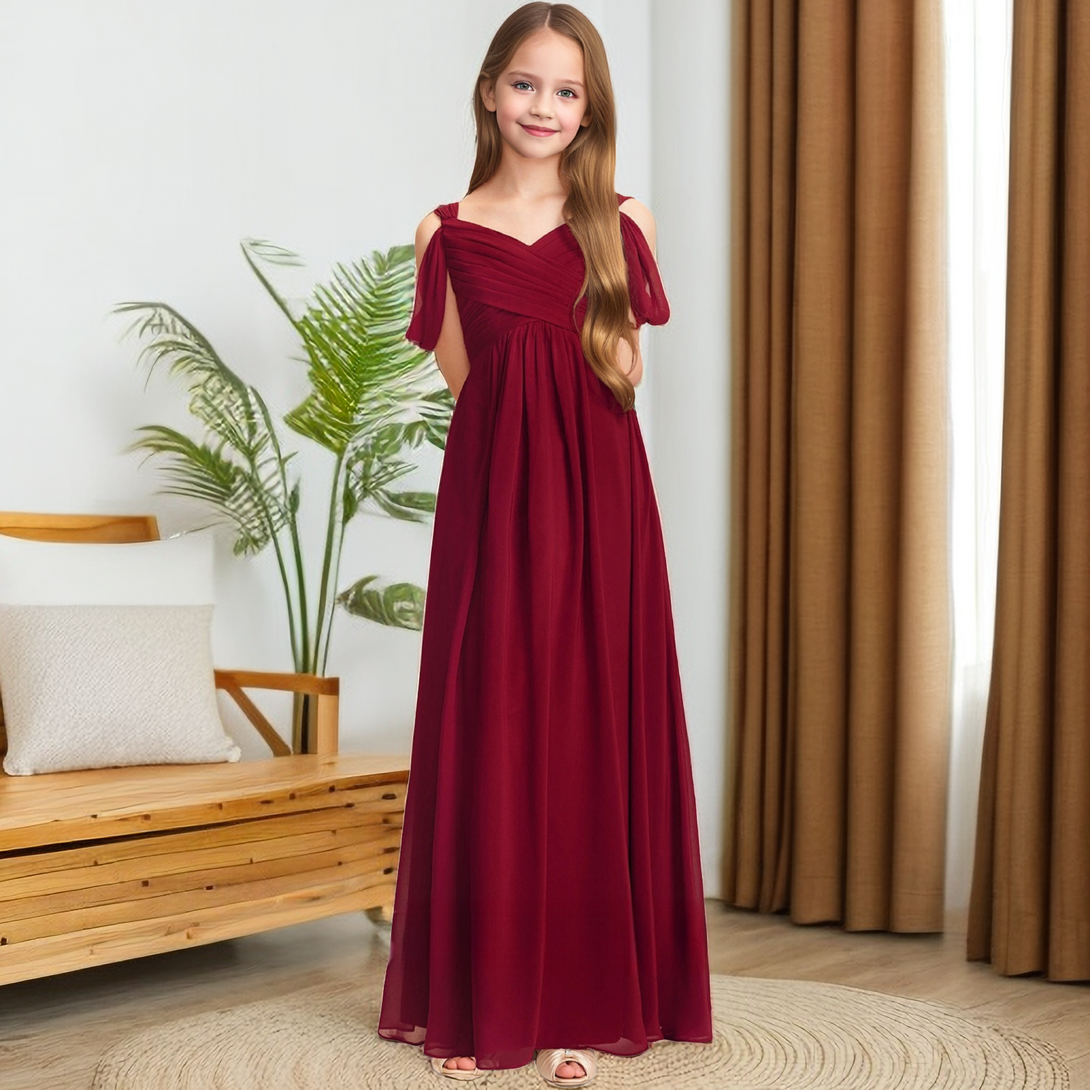 A-line Cold Shoulder Floor-Length Chiffon Junior Bridesmaid Dress With Pleated Girls Gidiondress
