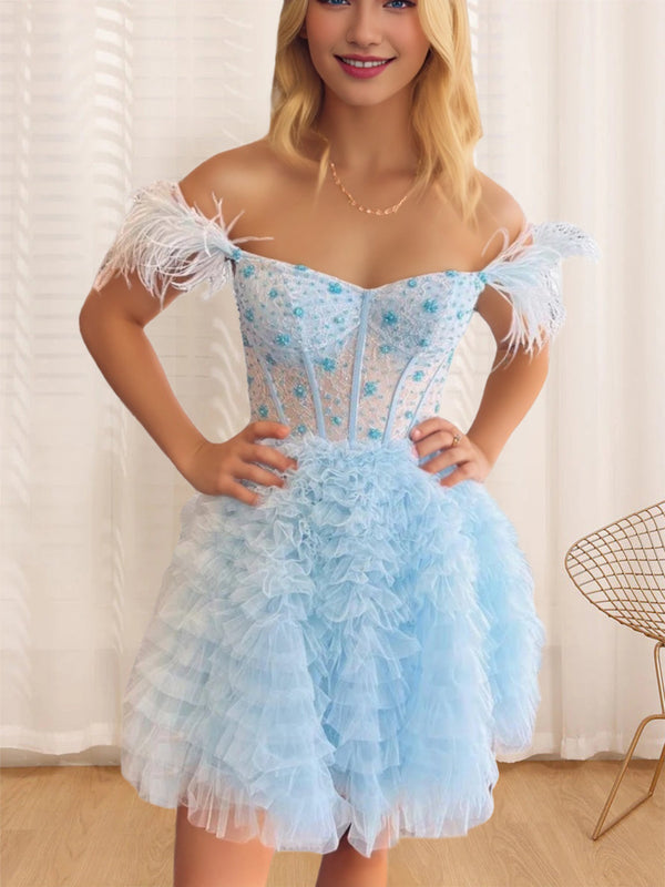 A-Line/Princess Semi-Sweetheart Sleeveless Short/Mini Party Dance Cocktail Homecoming Dress With Ruffles/Feathers BabaMila