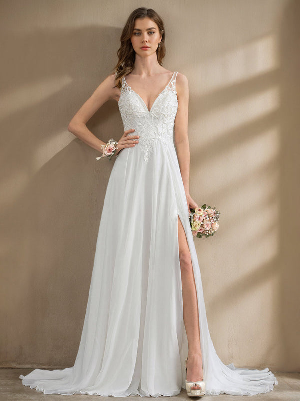 A-Line/Princess Deep V-Neck Sleeveless Floor-Length Unique Split Side Wedding Dress with Appliques/Lace/Split Side BabaMila