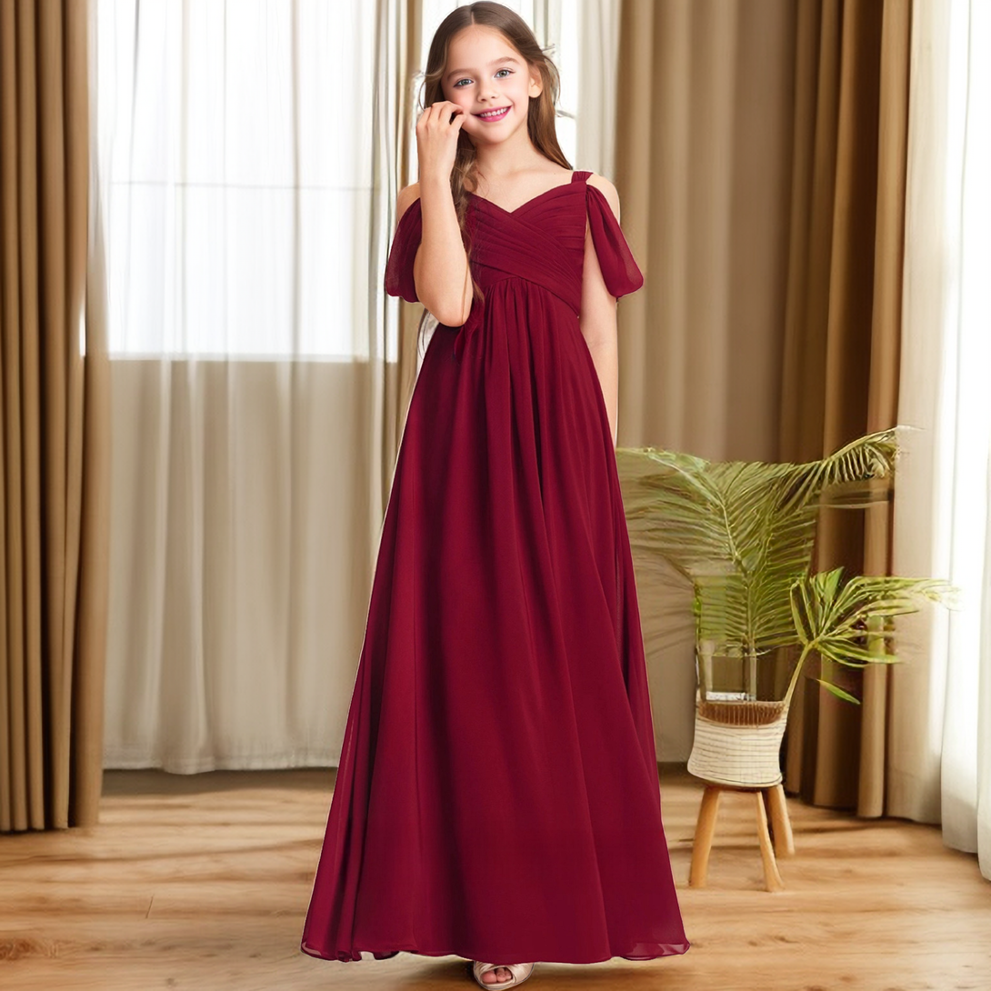 A-line Cold Shoulder Floor-Length Chiffon Junior Bridesmaid Dress With Pleated Girls Gidiondress