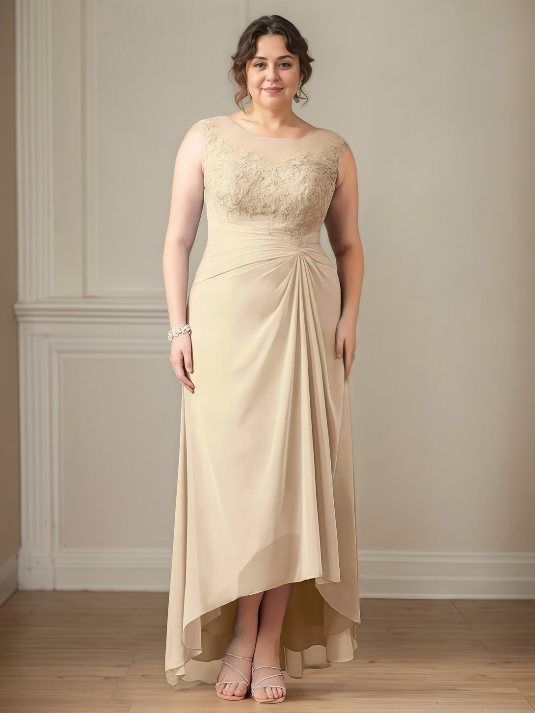 Boat Neck Sleeveless Asymmetrical Ankel-Length Lace/Chiffon Mother of the Bride Dress With Pleated/Appliques/Beads BabaMila