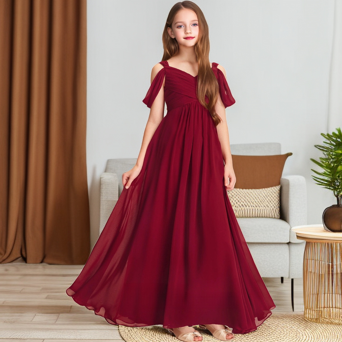 A-line Cold Shoulder Floor-Length Chiffon Junior Bridesmaid Dress With Pleated Girls Gidiondress as picture 12M