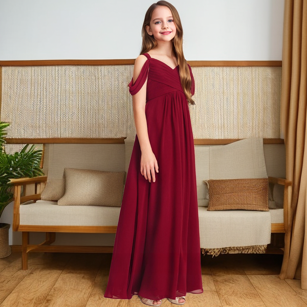 A-line Cold Shoulder Floor-Length Chiffon Junior Bridesmaid Dress With Pleated Girls Gidiondress