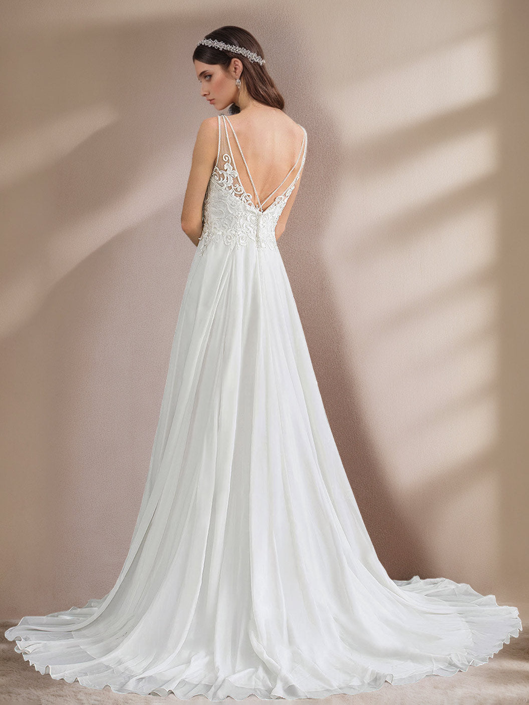 A-Line/Princess Deep V-Neck Sleeveless Floor-Length Unique Split Side Wedding Dress with Appliques/Lace/Split Side BabaMila