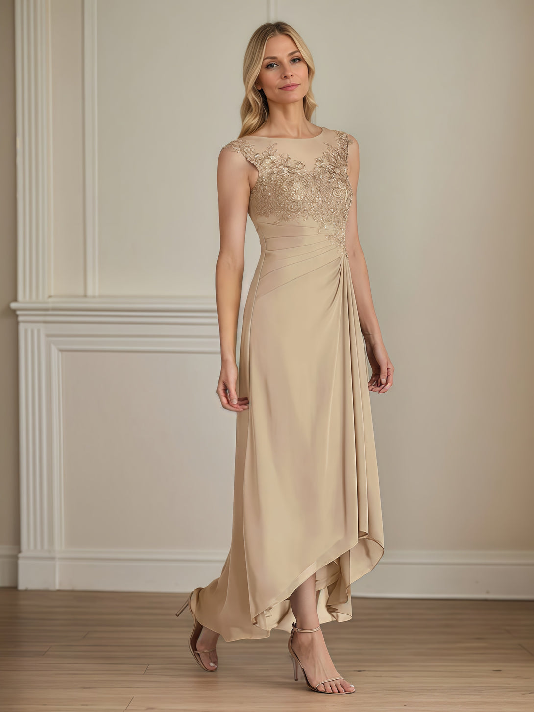 Boat Neck Sleeveless Asymmetrical Ankel-Length Lace/Chiffon Mother of the Bride Dress With Pleated/Appliques/Beads BabaMila
