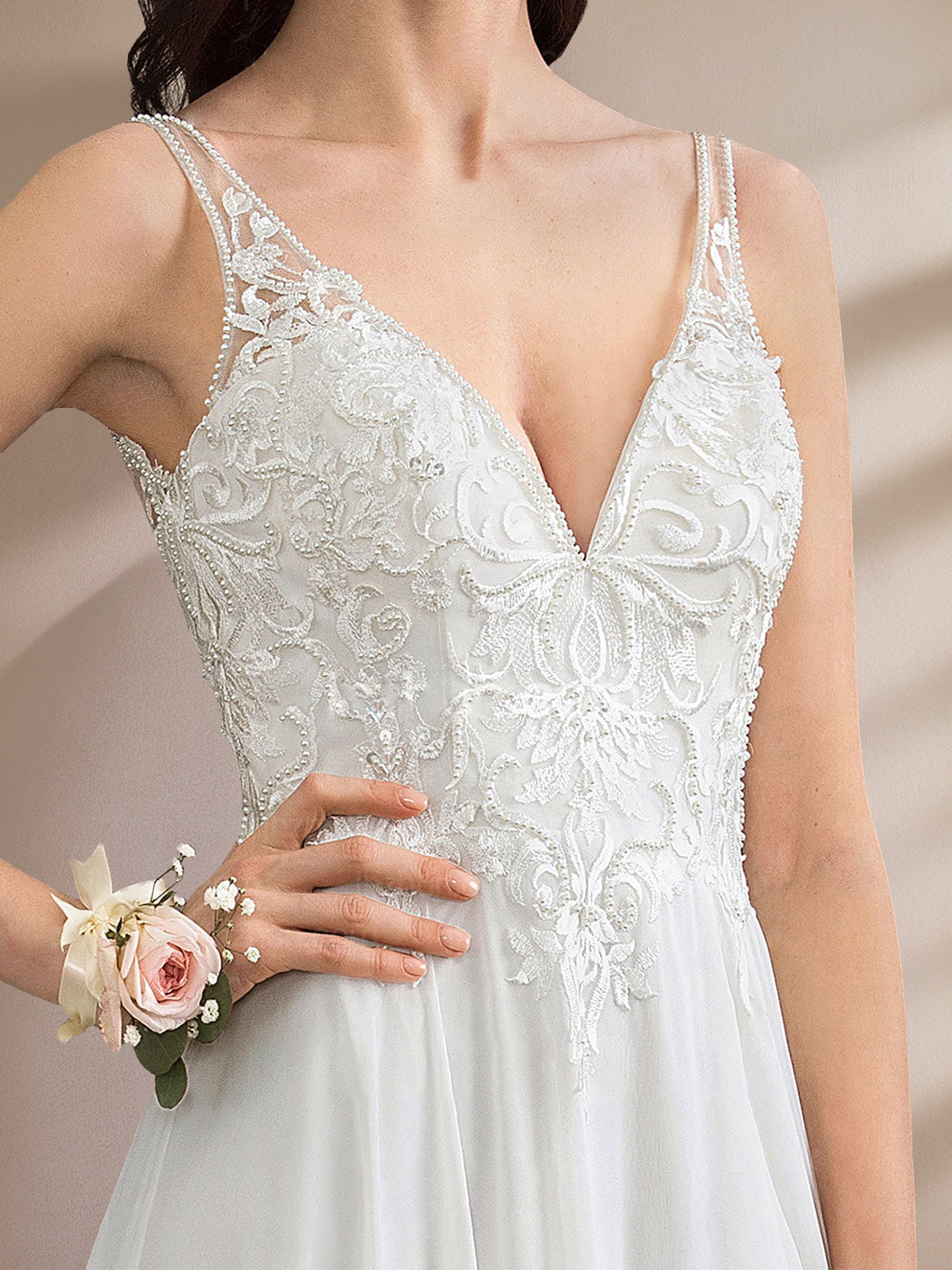 A-Line/Princess Deep V-Neck Sleeveless Floor-Length Unique Split Side Wedding Dress with Appliques/Lace/Split Side BabaMila