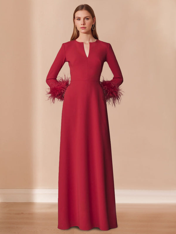 A-Line/Princess V-Neck Long Sleeves Floor-Length Mother Of The Bride Dresses With Feathers BabaMila