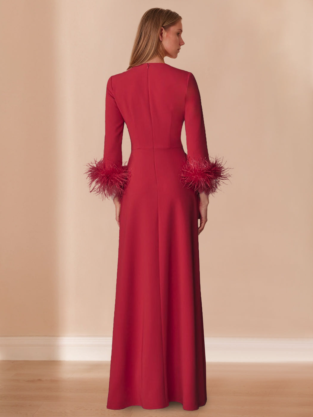 A-Line/Princess V-Neck Long Sleeves Floor-Length Mother Of The Bride Dresses With Feathers BabaMila