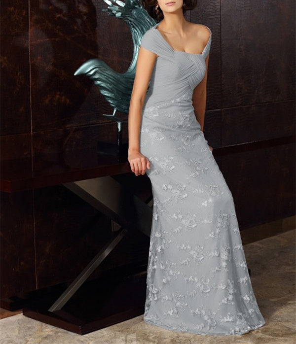 A-Line/Princess Off-The-Shoulder Short Sleeves Tea-Length Chiffon Mother Of The Bride Dresses With Appliques Lace BabaMila
