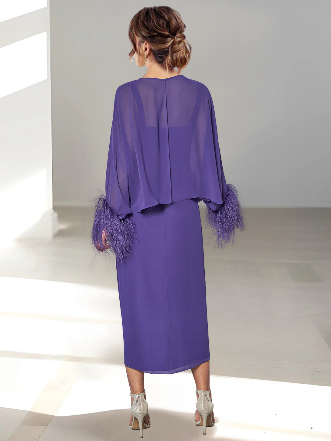 A-Line/Princess Tea-Length Mother Of The Bride Dresses With Feathered Jacket BabaMila