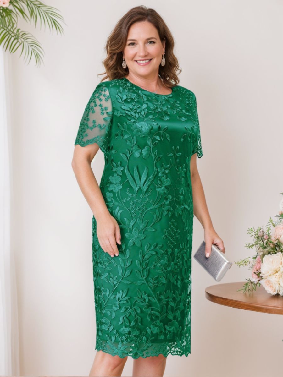 Sheath/Column Scoop Short Sleeves Tea-Length Plus Size Mother Of The Bride Dresses With Appliques BabaMila