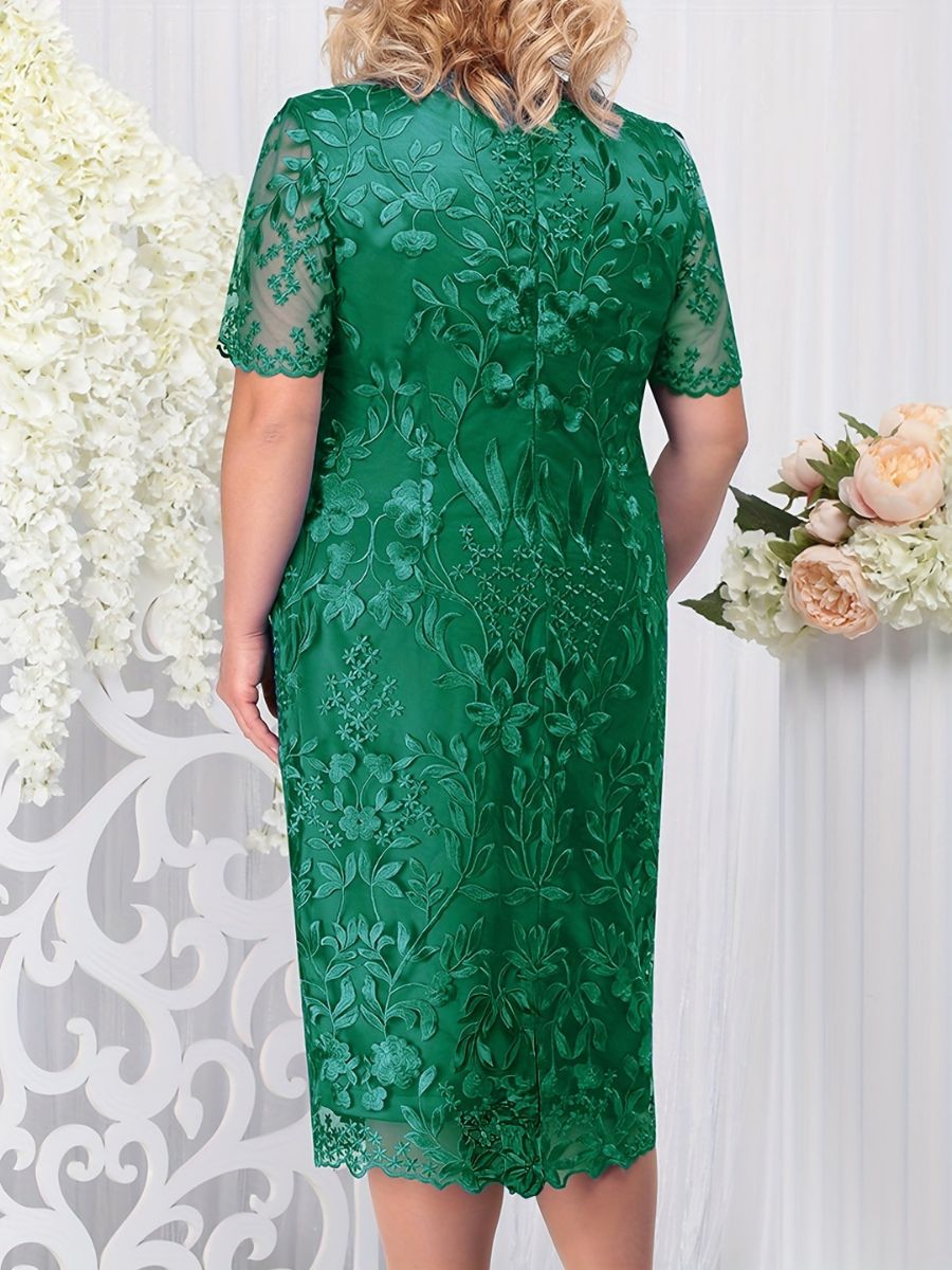 Sheath/Column Scoop Short Sleeves Tea-Length Plus Size Mother Of The Bride Dresses With Appliques BabaMila
