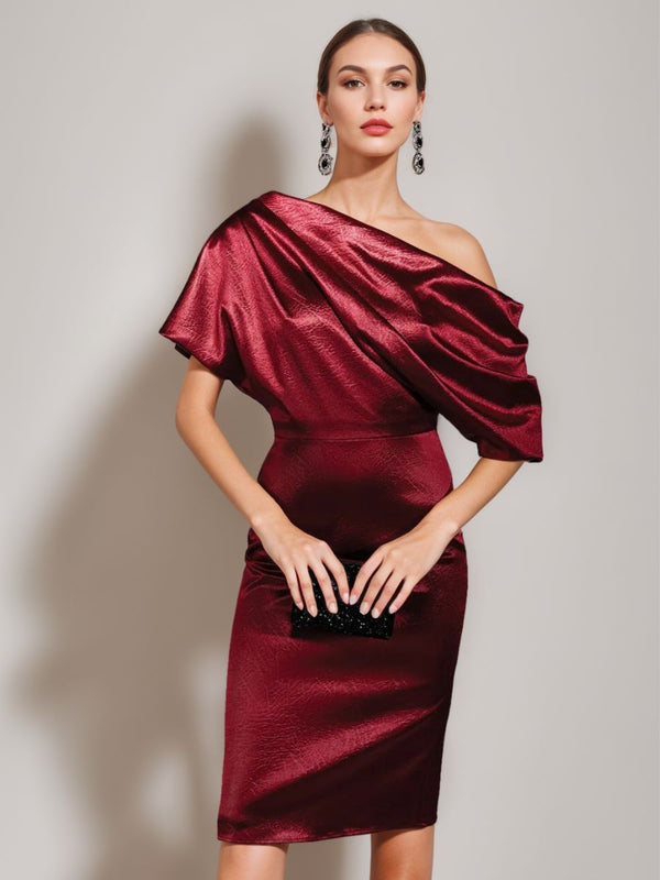 Sheath/Column Off-The-Shoulder Short Sleeves Knee-Length Ruched Cocktail Dresses BabaMila