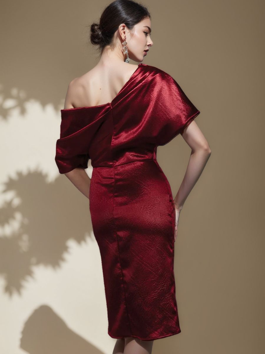 Sheath/Column Off-The-Shoulder Short Sleeves Knee-Length Ruched Cocktail Dresses BabaMila