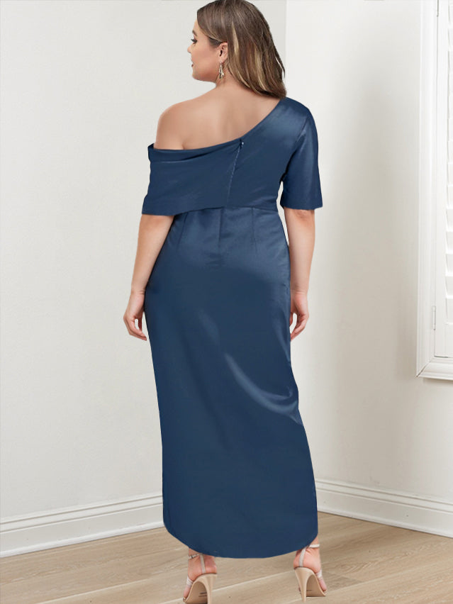 Sheath/Column One-Shoulder Short Sleeves Asymmetrical Plus Size Mother Of The Bride Dresses With Ruffles BabaMila