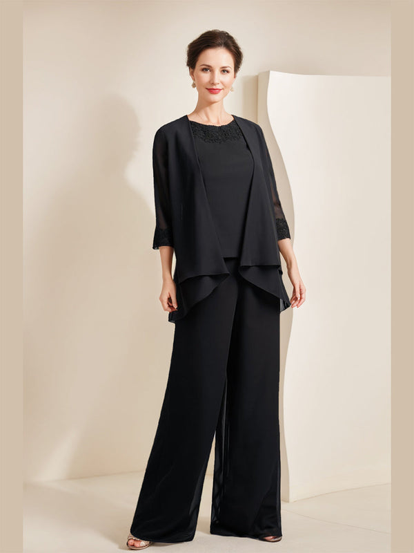 Black Chiffon Scoop 3/4 Sleeves Mother Of The Bride Pantsuits With Appliques & Jacket BabaMila