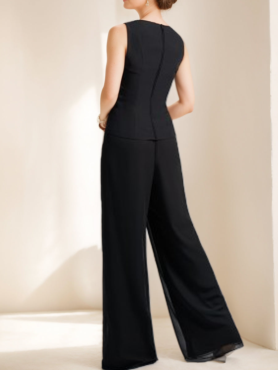 Black Chiffon Scoop 3/4 Sleeves Mother Of The Bride Pantsuits With Appliques & Jacket BabaMila