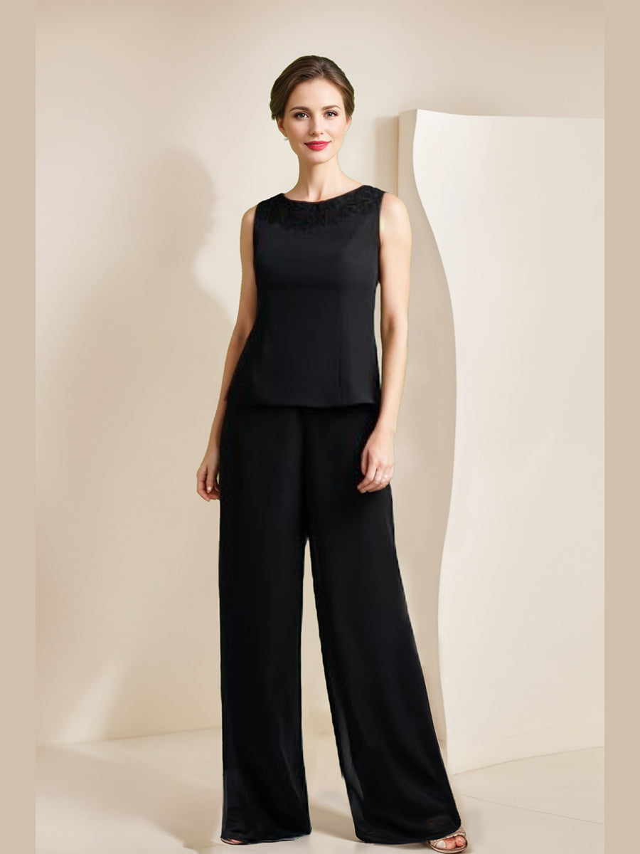 Black Chiffon Scoop 3/4 Sleeves Mother Of The Bride Pantsuits With Appliques & Jacket BabaMila