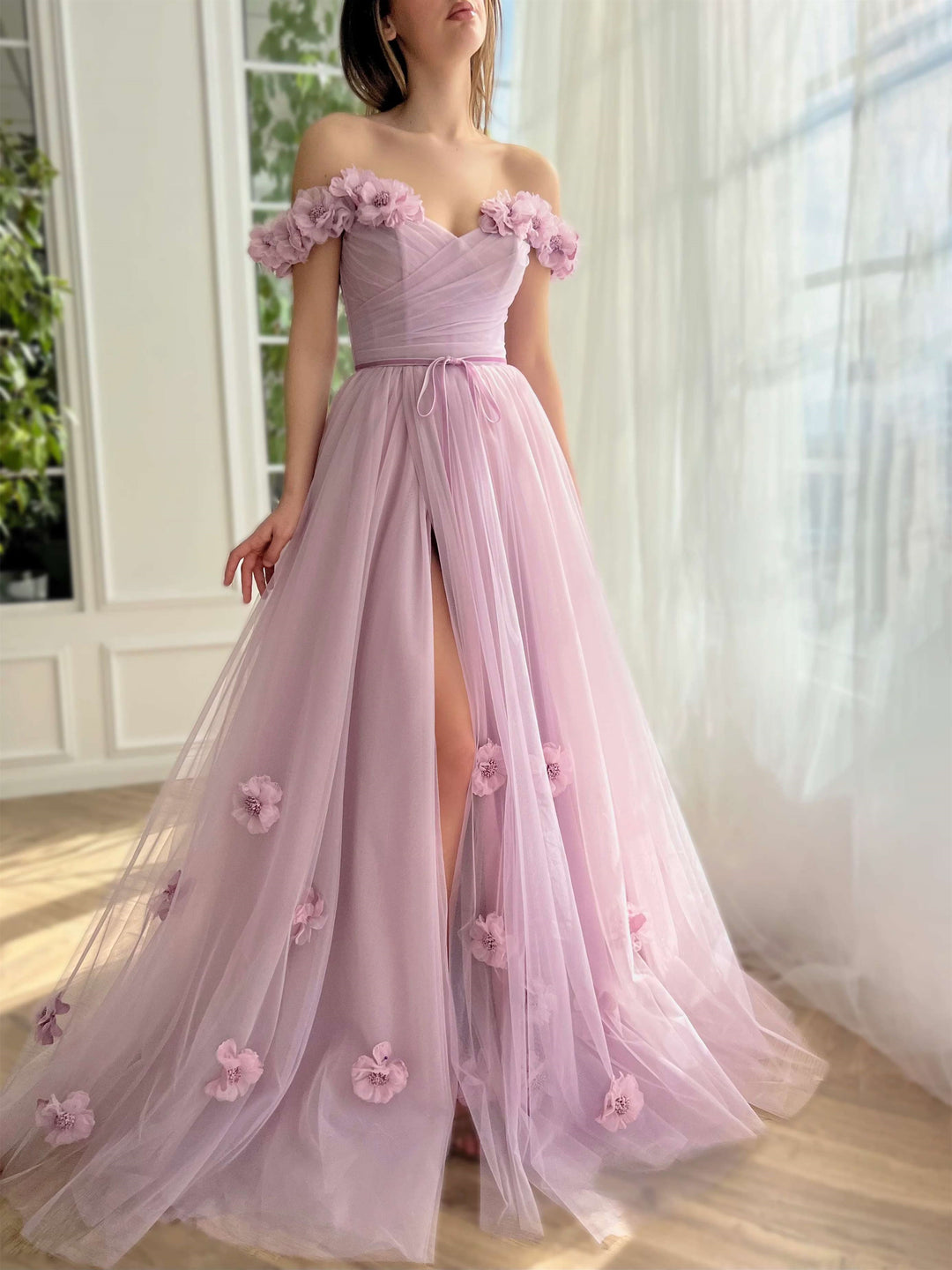 A-Line/Princess Off-the-Shoulder Sleeveless Floor-Length Flower Evening Dresses With 3D Flower BabaMila