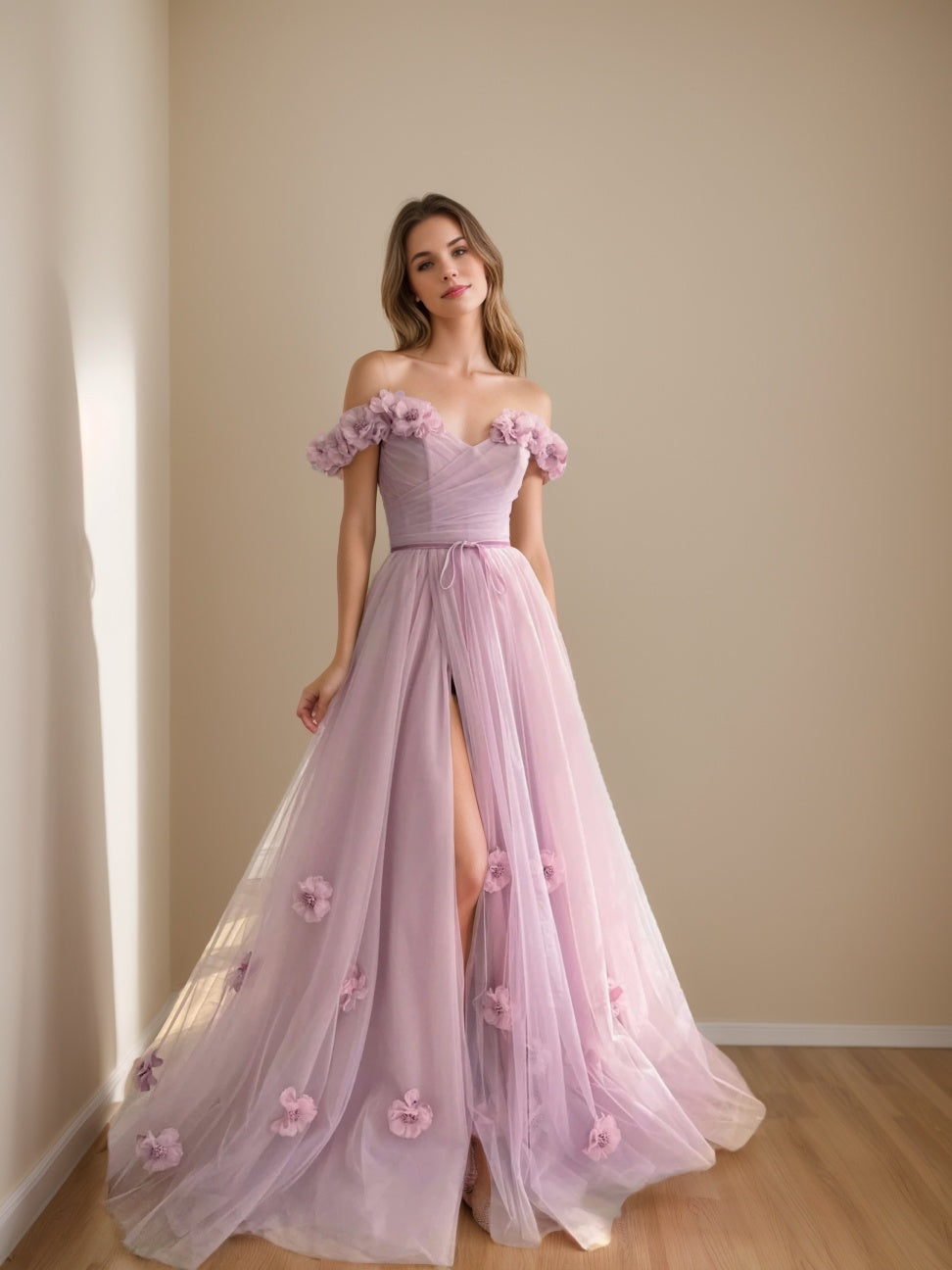 A-Line/Princess Off-the-Shoulder Sleeveless Floor-Length Flower Evening Dresses With 3D Flower BabaMila