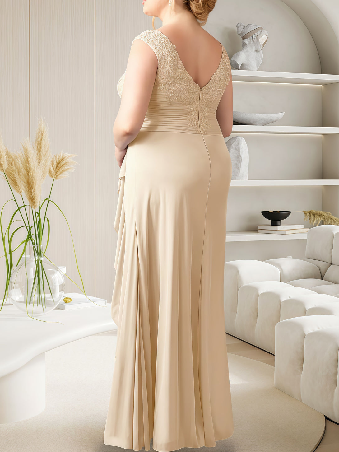 Sweetheart Neck Sleeveless Sheath Floor-Length Lace/Chiffon Mother of the Bride Dress With Pleated/Appliques/Cascading Ruffles BabaMila