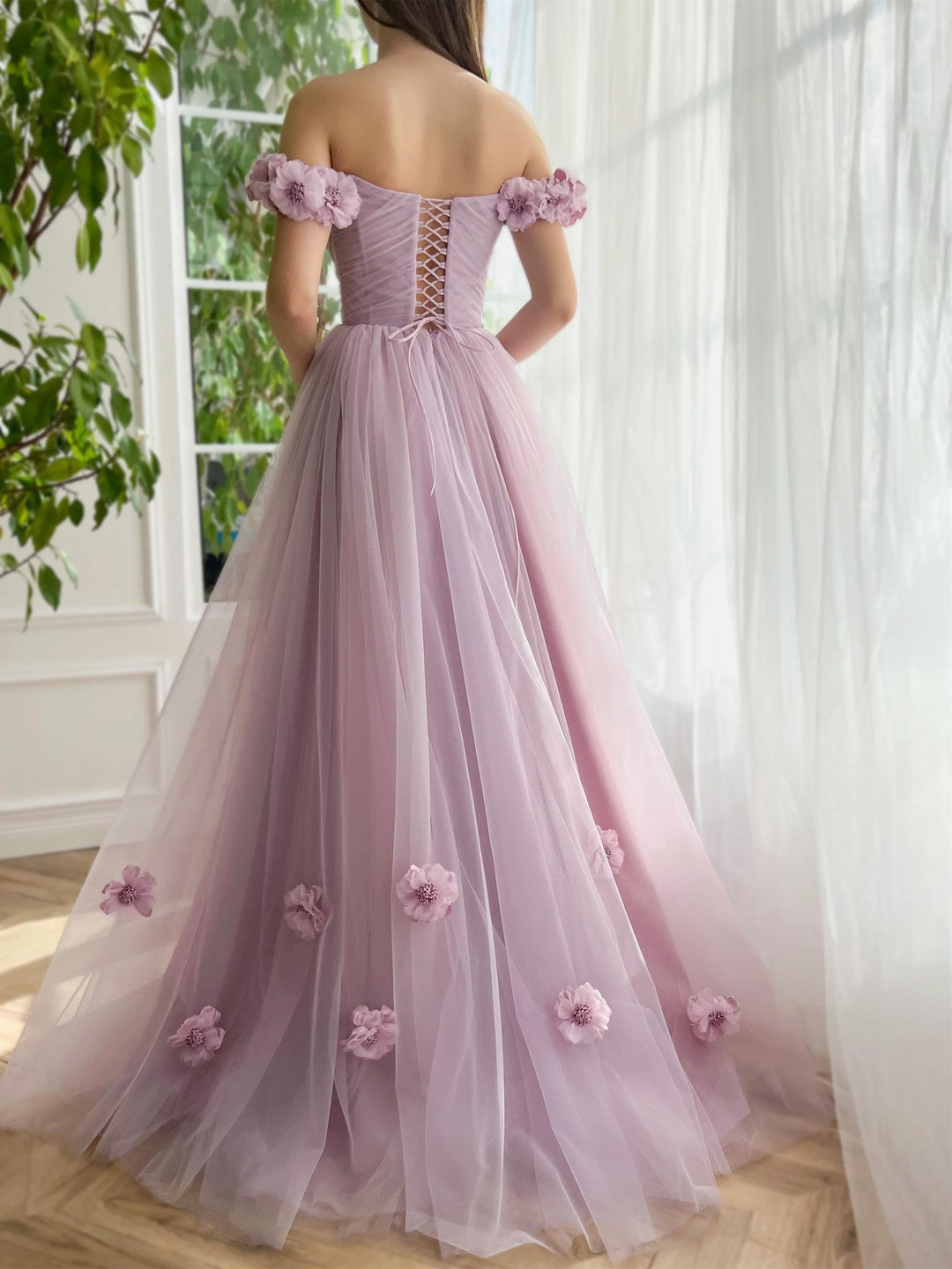 A-Line/Princess Off-the-Shoulder Sleeveless Floor-Length Flower Evening Dresses With 3D Flower BabaMila