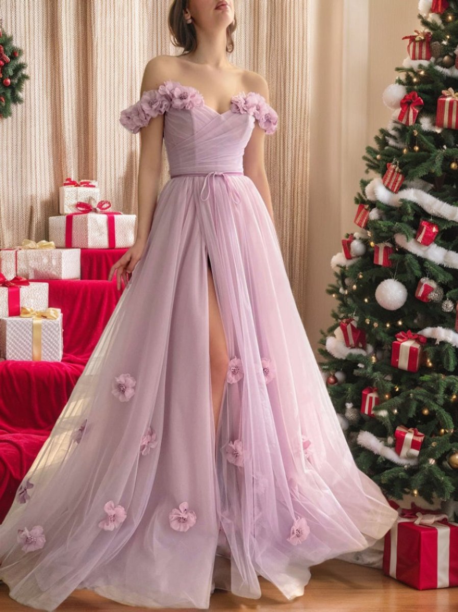 A-Line/Princess Off-the-Shoulder Sleeveless Floor-Length Flower Evening Dresses With 3D Flower BabaMila