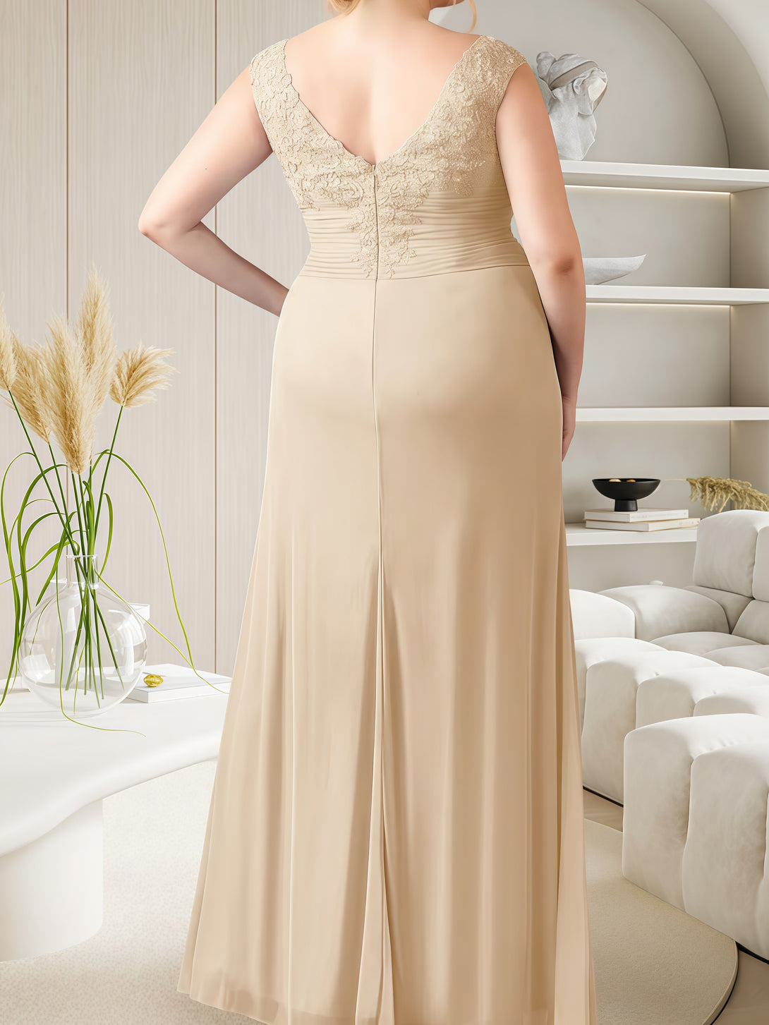 Sweetheart Neck Sleeveless Sheath Floor-Length Lace/Chiffon Mother of the Bride Dress With Pleated/Appliques/Cascading Ruffles BabaMila