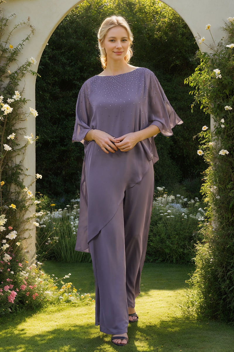 2-Pieces Chiffon Scoop 3/4 Sleeves Mother Of The Bride Pantsuits With Rhinestones BabaMila