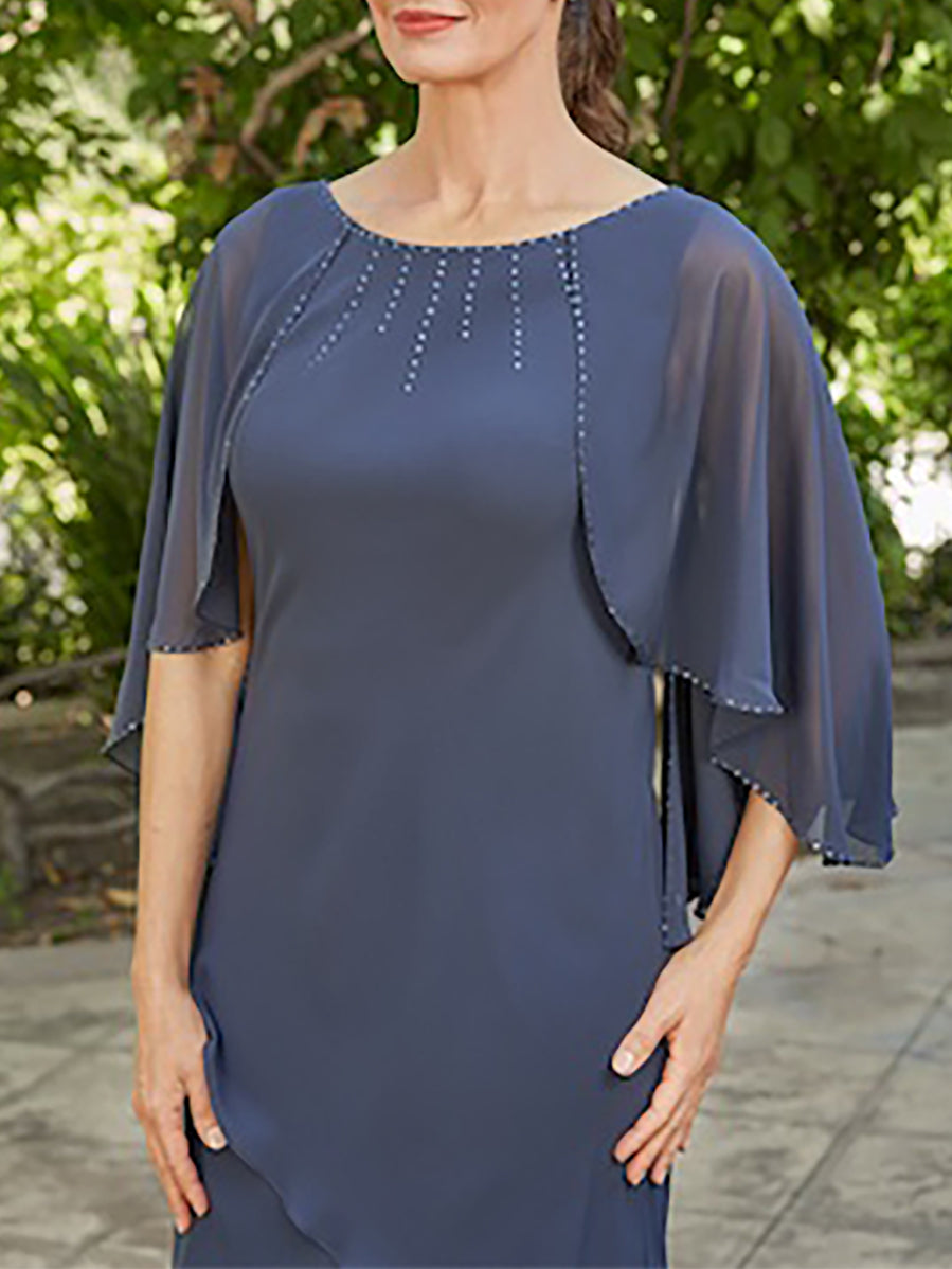 A-Line/Princess Scoop 3/4 Sleeves Mother Of The Bride & Groom Dresses With Rhinestone & Ruffles BabaMila