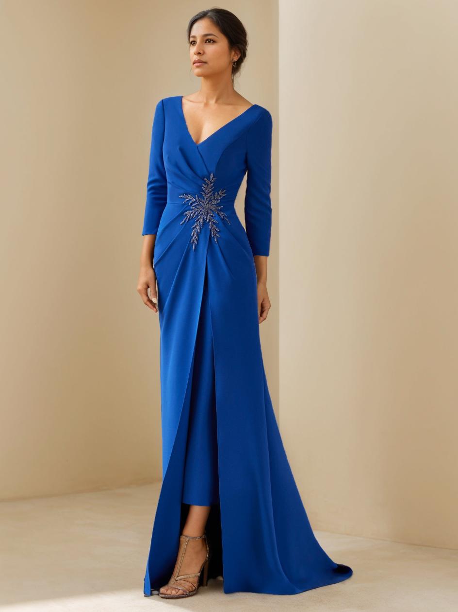 Sheath/Column V-Neck 3/4 Length Sleeves Floor-Length Mother Of The Bride Dresses With Ruffles, Beaded & Appliques BabaMila