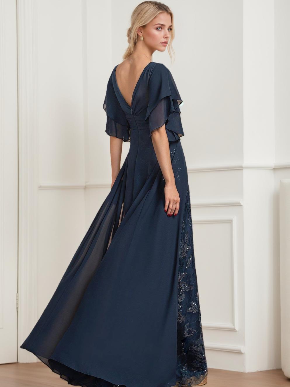 A-Line/Princess V-Neck Half Sleeves Floor-Length Plus SizeMother Of The Bride Dresses With Pleated BabaMila