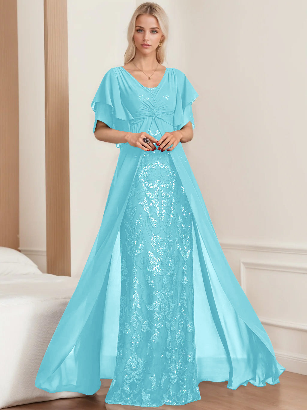 A-Line/Princess V-Neck Half Sleeves Floor-Length Plus SizeMother Of The Bride Dresses With Pleated BabaMila