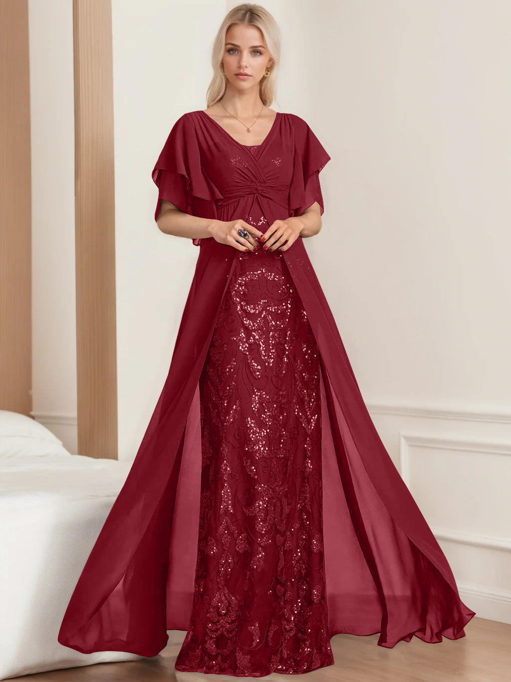 A-Line/Princess V-Neck Half Sleeves Floor-Length Plus SizeMother Of The Bride Dresses With Pleated BabaMila