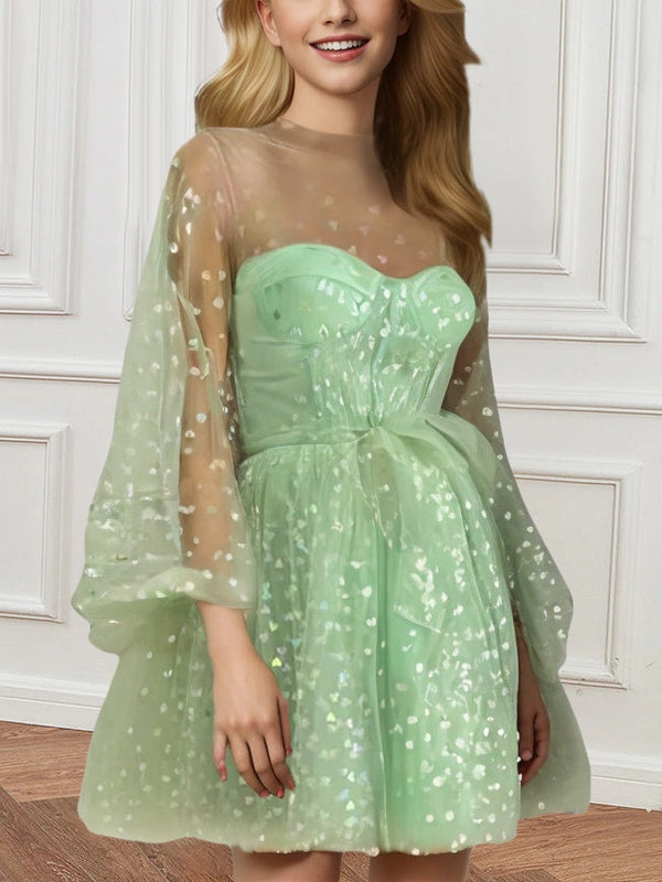 A-Line/Princess High-Neck Illusion Long Puffy Sleeves Short/Mini Party Dance Cocktail Homecoming Dress With Illusion Corset Bodice/Pleats BabaMila