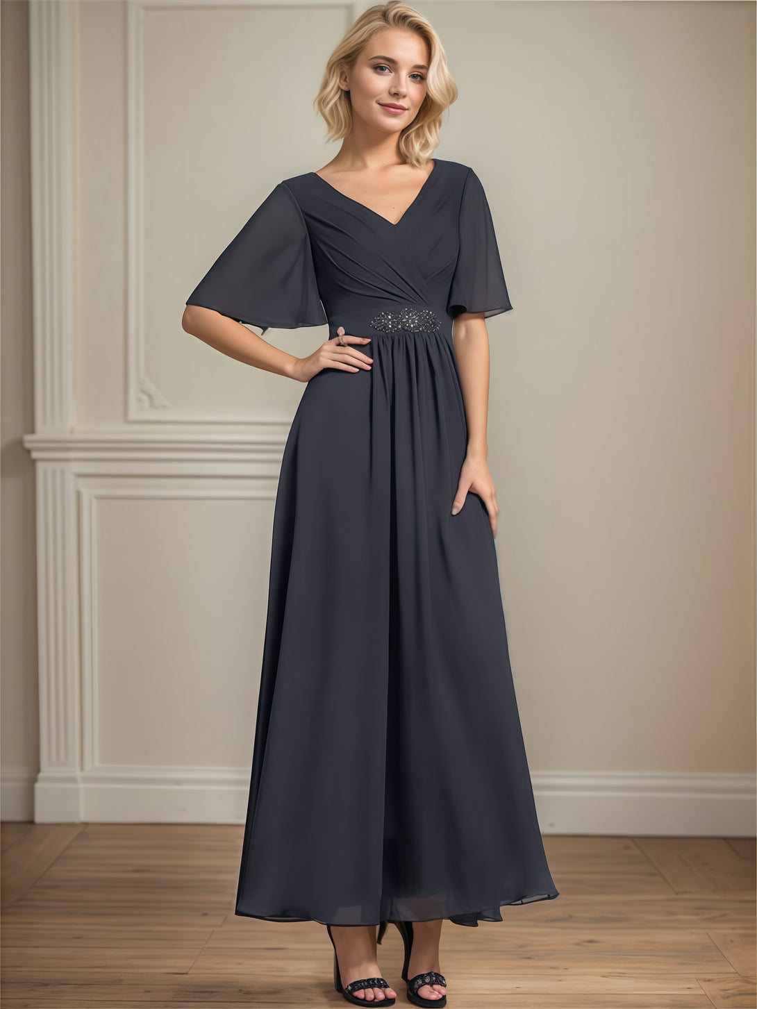 V-Neck Flutter Straps Ankel-Length Chiffon Mother of the Bride Dress With Pleated/Beads BabaMila