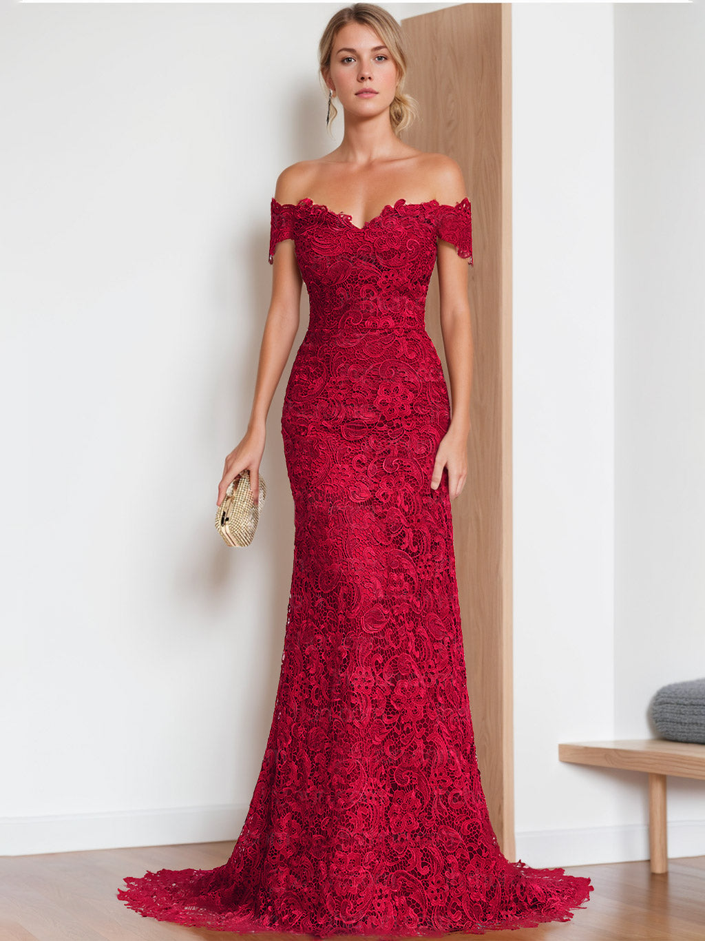 Trumpet/Mermaid Off-the-Shoulder Short Sleeves Floor-Length Applique Wedding Dress BabaMila