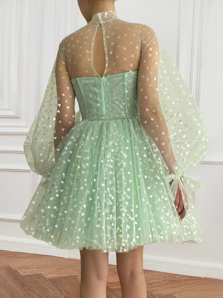 A-Line/Princess High-Neck Illusion Long Puffy Sleeves Short/Mini Party Dance Cocktail Homecoming Dress With Illusion Corset Bodice/Pleats BabaMila