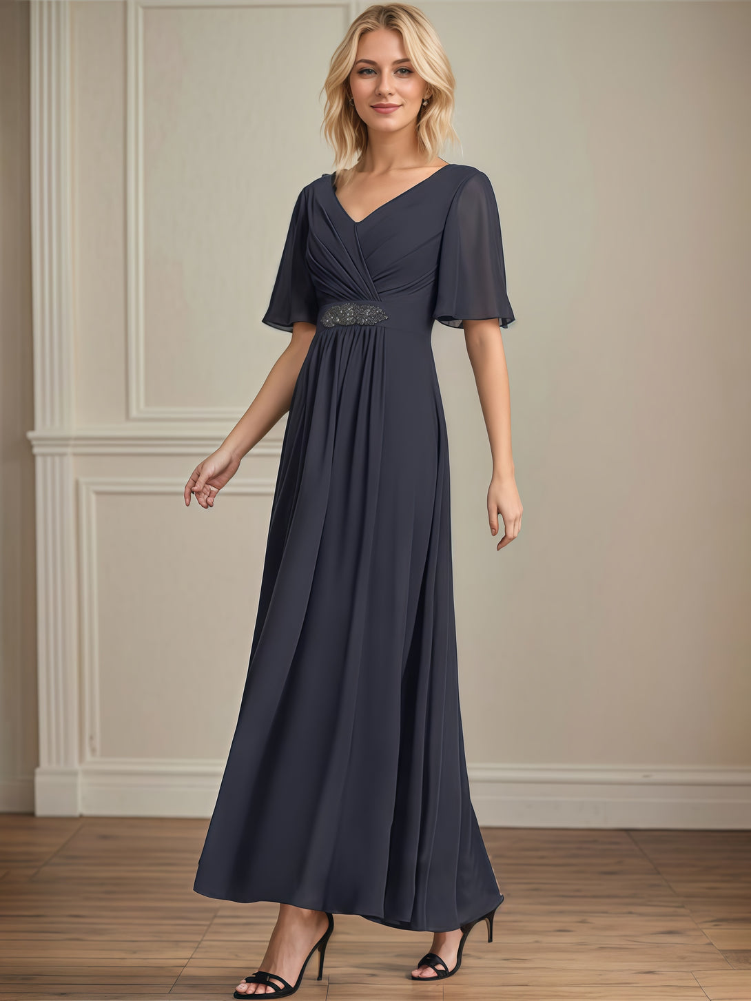 V-Neck Flutter Straps Ankel-Length Chiffon Mother of the Bride Dress With Pleated/Beads BabaMila