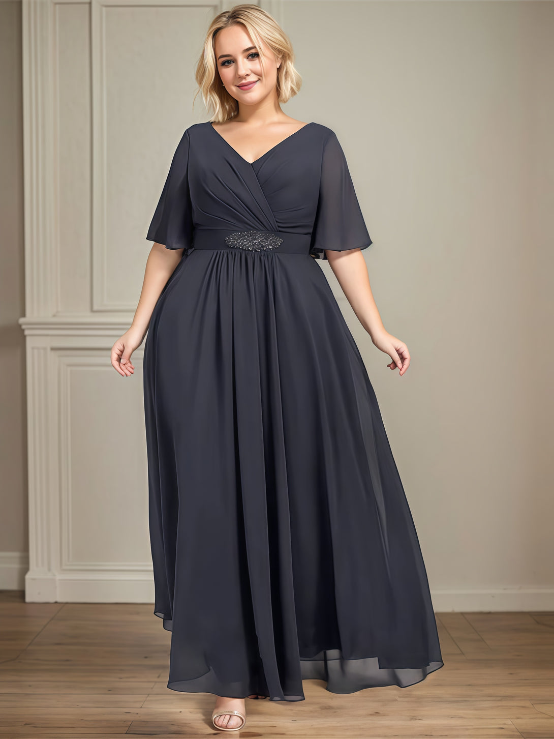 V-Neck Flutter Straps Ankel-Length Chiffon Mother of the Bride Dress With Pleated/Beads BabaMila