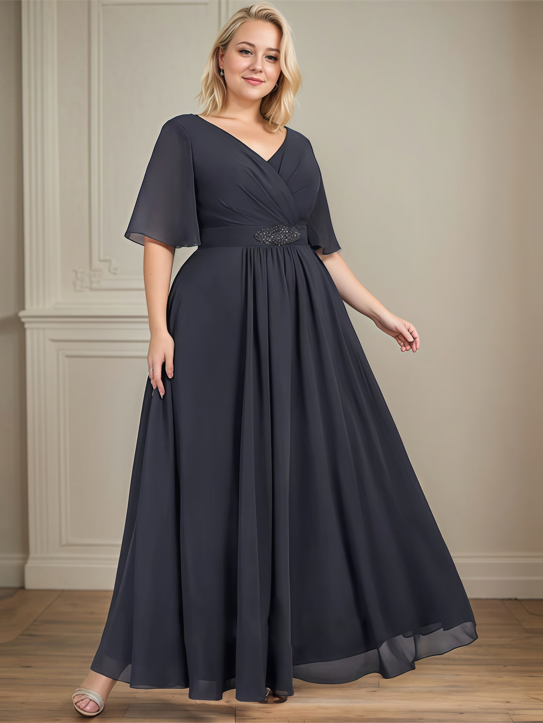 V-Neck Flutter Straps Ankel-Length Chiffon Mother of the Bride Dress With Pleated/Beads BabaMila