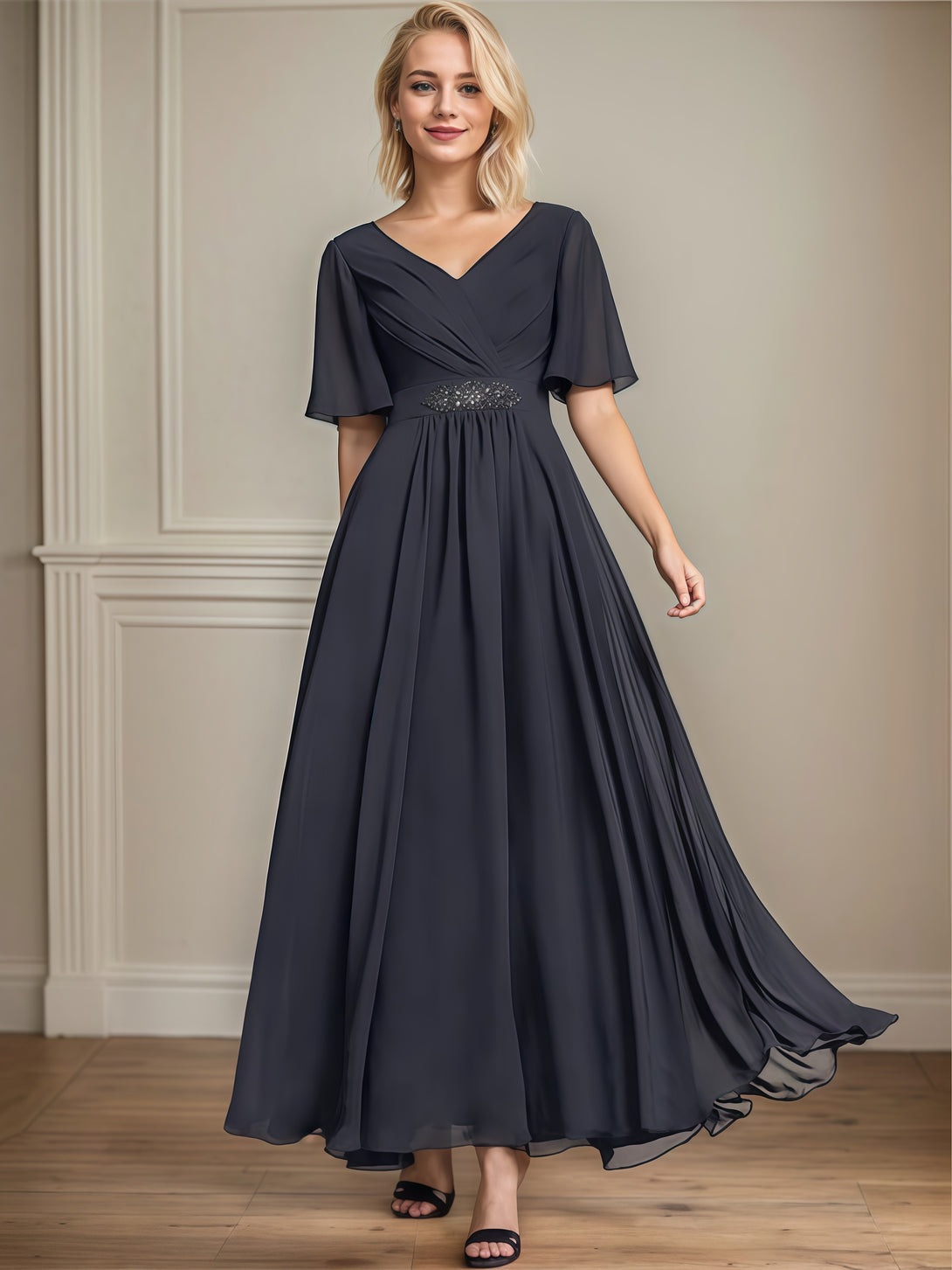 V-Neck Flutter Straps Ankel-Length Chiffon Mother of the Bride Dress With Pleated/Beads BabaMila