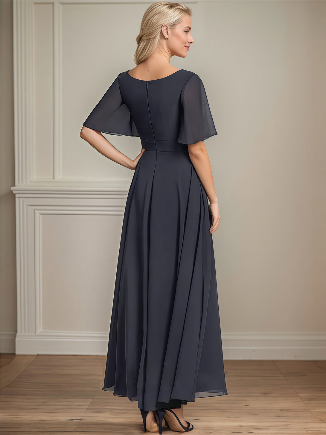 V-Neck Flutter Straps Ankel-Length Chiffon Mother of the Bride Dress With Pleated/Beads BabaMila