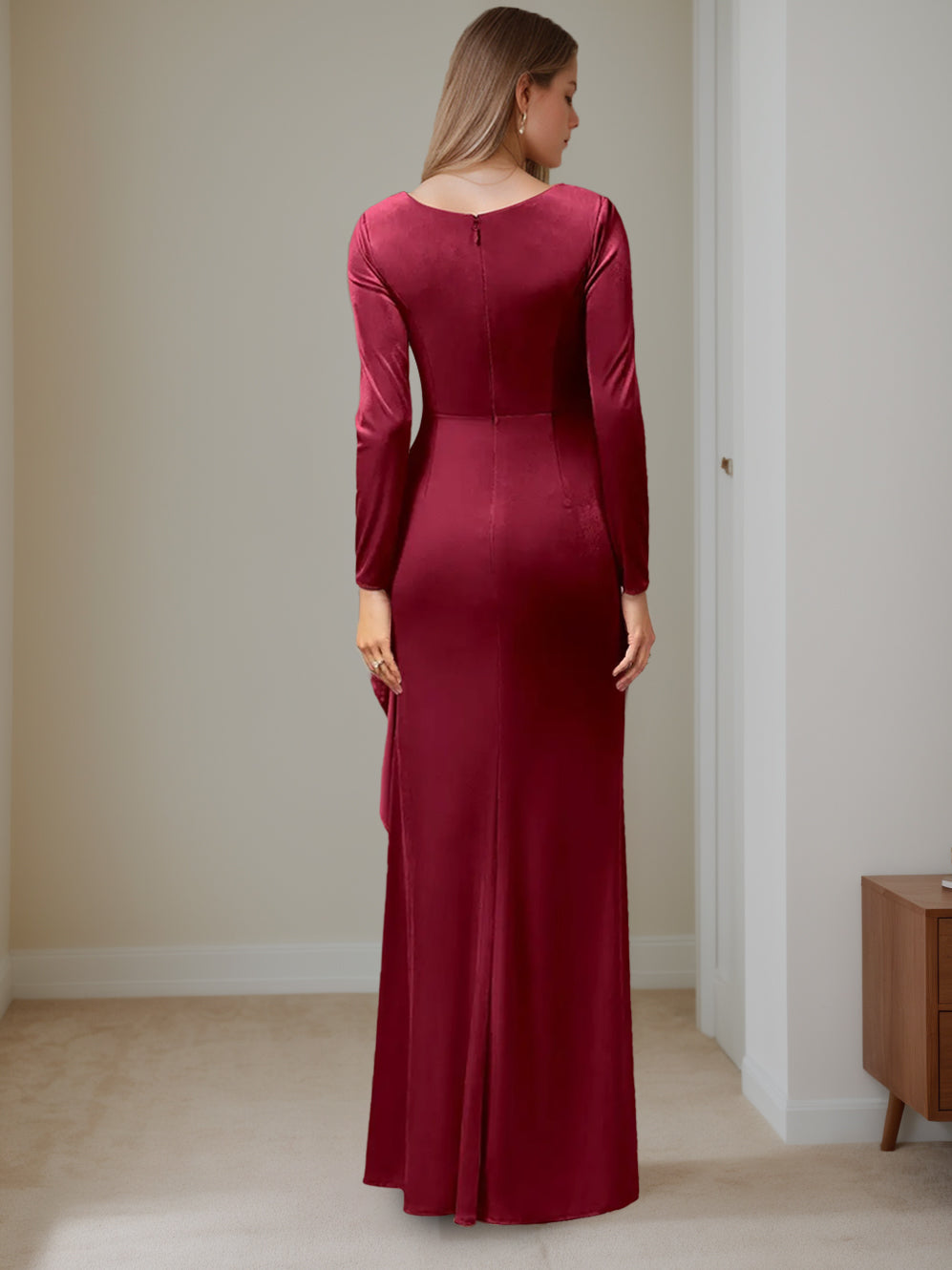 A-Line/Princess V-Neck Long Sleeves Floor-Length Velvet Mother Of The Bride Dresses With Ruffles BabaMila
